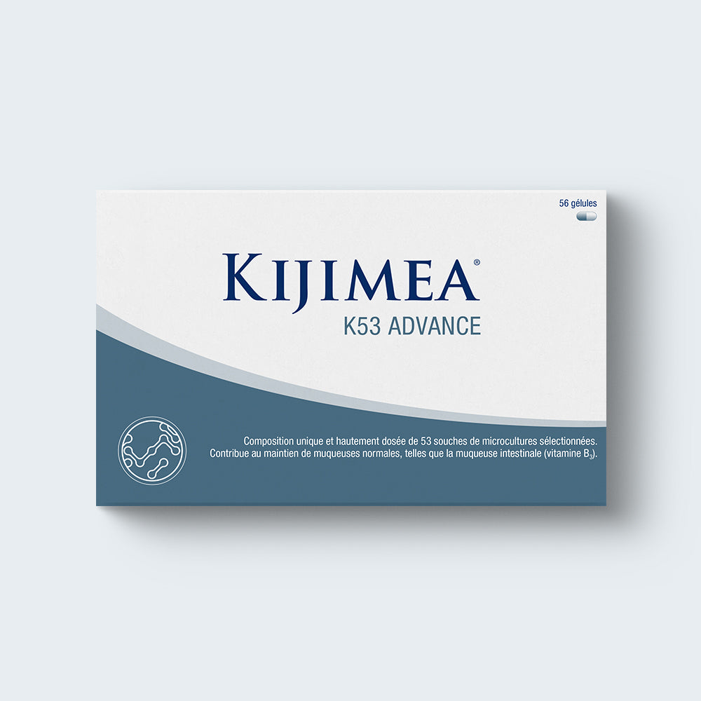 Boîte de Kijimea K53 Advance 56 gélules - composition unique et hautement dosée de 53 souches de microcultures sélectionnées. Contribue au maintien de muqueuses normales, telles que la muqueuse intestinale (vtamine B3 et B7)