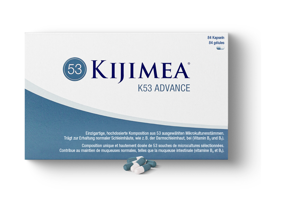 Boîte de Kijimea K53 Advance et gélules bleues et blanches
