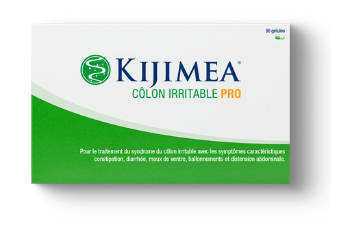 Boîte de Kijimea Côlon Irritable PRO 90 gélules pour le traitement du syndrome du côlon irritable avec les symptômes caractéristiques de constipation, diarrhée, maux de ventre, ballonnements et distension abdominale