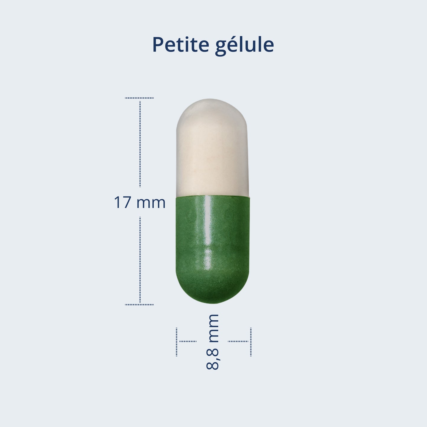 Gélule blanche et verte de petite taille de Kijimea Côlon Irritable PRO. Dimensions : 17 mm de long et 8,8 mm de large.