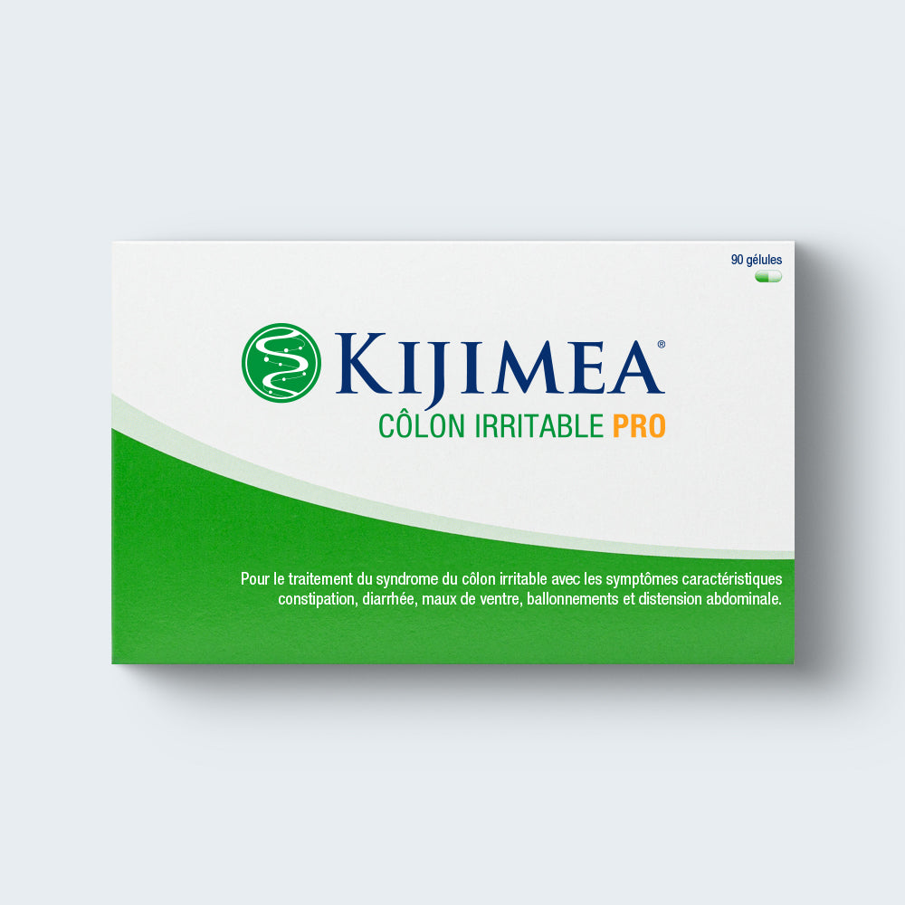 Boîte de Kijimea Côlon Irritable PRO 90 gélules, pour le traitement du syndrome du côlon irritable avec les symptômes caractéristiques constipation, diarrhée, maux de ventre, ballonnements et distension abdominale.