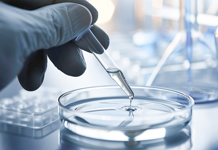 Main gantée tenant une pipette versant un liquide clair dans une boîte de Pétri, sur un fond de laboratoire avec du matériel scientifique flou.