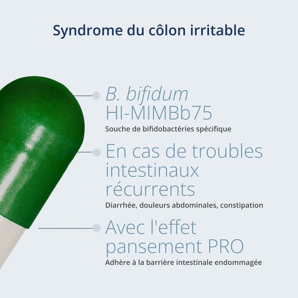 Description des bienfaits de Kijimea Côlon Irritable PRO. La gélule contient la souche probiotique B. bifidum HI-MIMBb75 indiquée en cas de troubles intestinaux récurrents comme la diarrhée, les douleurs abdominales et la constipation. L'effet pansement PRO permet d'adhérer à la barrière intestinale endommagée.