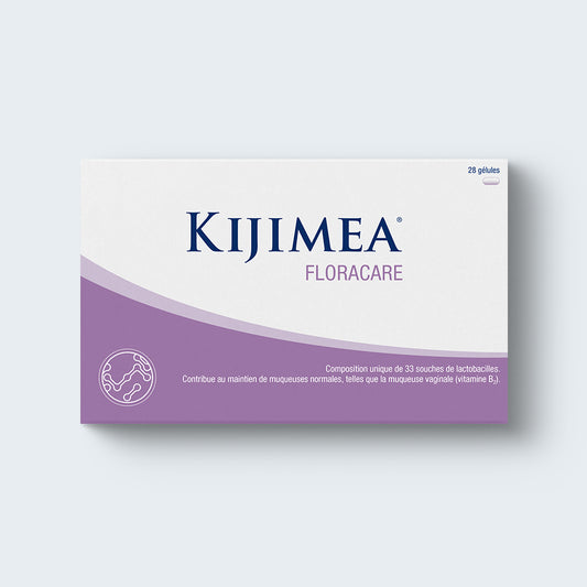 Boîte de Kijimea Floracare, 28 gélules avec la mention "composition unique de 33 souches de lactobacilles. Contribue au maintien de muqueuses normales, telles que la muqueuse vaginale (vitamine B3, B7 et B2).